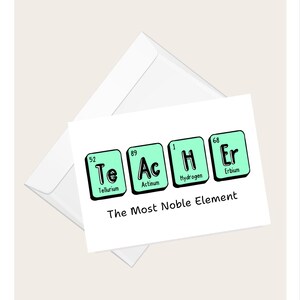 Può includere: Un biglietto di auguri bianco con la parola "TEACHER" scritta con elementi della tavola periodica. Il biglietto ha testo nero e riquadri color verde acqua. Il testo "The Most Noble Element" è sotto la parola.