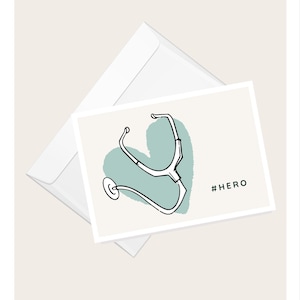 Stethoscope and Heart “#Hero” Greeting Card | Thank You Card | Medicine | Doctor | Nurse | Medic | Blank Note Card