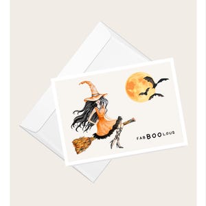 Belle femme sur un balai « FabBOOLous » Carte de vœux | Halloween | Automne | Anniversaire | Carte de correspondance vierge humoristique
