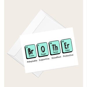 Può includere: Un biglietto di auguri bianco con la parola "BROTHER" scritta usando elementi della tavola periodica. Il biglietto è in una busta bianca. Gli elementi sono in riquadri color verde acqua con testo nero. Sotto la parola ci sono le parole "Adaptable Supportive Steadfast Protective."