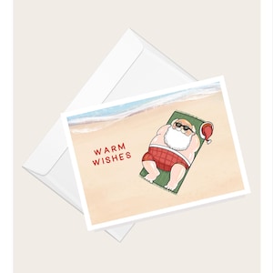 Cartão de Saudação “Warm Wishes” do Papai Noel Tomando Sol | Cartão de Natal Humorístico | Cartão de Nota Elegante em Branco