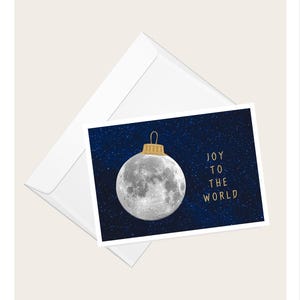 Adorno navideño de luna en un cielo estrellado Tarjeta de felicitación “Joy To The World” / Tarjeta navideña / Elegante tarjeta de notas en blanco