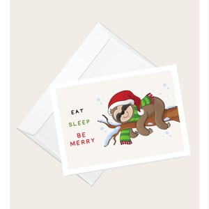Biglietto di auguri "Mangia, dormi, sii allegro" con bradipo di Natale / Biglietto di auguri di Natale umoristico / Elegante biglietto vuoto
