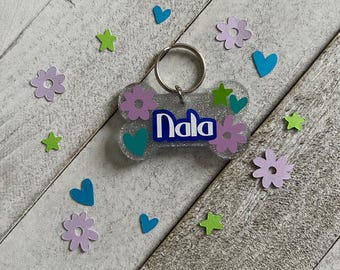 Personalized Glitter Flower Dog Tag: Custom Acrylic Pet ID