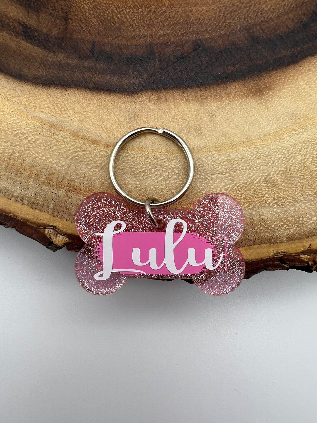 Personalized Dog Tag, Pink Acrylic Pet ID Tag, Glitter Dog Tag, Double