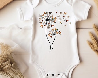 Chicken Dandelion Baby Bodysuit | Unisex Baby Shirt | Handmade Gift | Chicken Shirt | Floral Baby