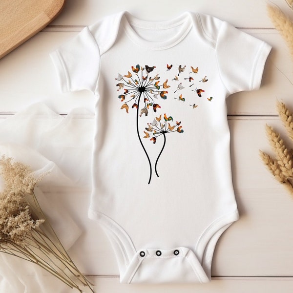 Chicken Dandelion Baby Bodysuit | Unisex Baby Shirt | Handmade Gift | Chicken Shirt | Floral Baby