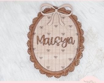 Vintage Name Plaque Sign SVG – Laser-Cut Baby Keepsake File with Bow Detail