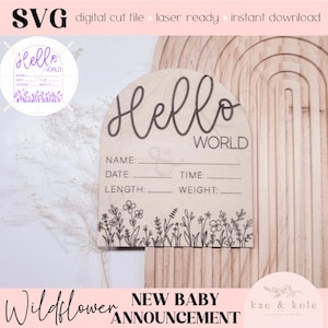 SVG geboortefeiten baby | Lasergesneden bestand | Verjaardagsdecoratie | Wilde bloemen bloemen | Handgemaakt cadeau | Propgravure | Aandenken | Hallo Wereldboog