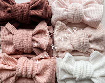 Waffle Knit Baby Bow Head Wraps | Neutral Fall Newborn Accessories | Oversized Baby Girl Bow Headband