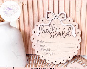SVG Baby Birth Facts | Laser Cut File | Birthday Decor | Coquette Bow | Handmade Gifts | Prop Engraving | Keepsake | Hello World Vintage