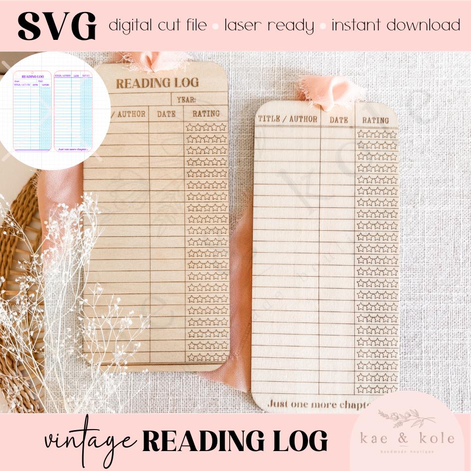 SVG Vintage Reading Log File | Laser Engraved Cut File | Custom Wood | Library Gift File | Handmade | Book Worm | Double Sided | Bookmark