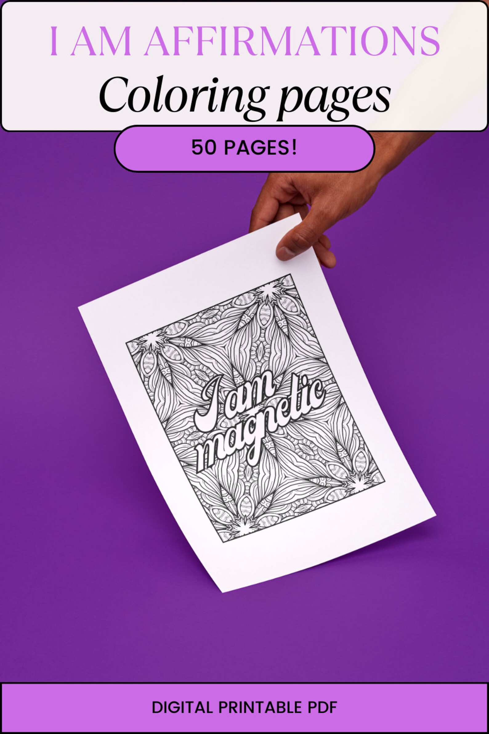 I AM Affirmations Coloring Book 50 Digital Printable Pages for Self