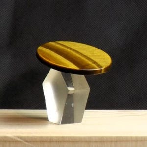 Könnte beinhalten: Ein glatter, ovaler Tigerauge-Edelstein mit braunen und goldenen Streifen, auf einem klaren Glasständer ausgestellt.