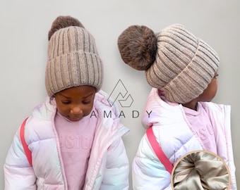 Kids Cashmere Satin Lined Beanie, winter hat for kids,curly hair gift,kids beanie hat, Wool hat, unisex winter hat, Christmas gift for kids