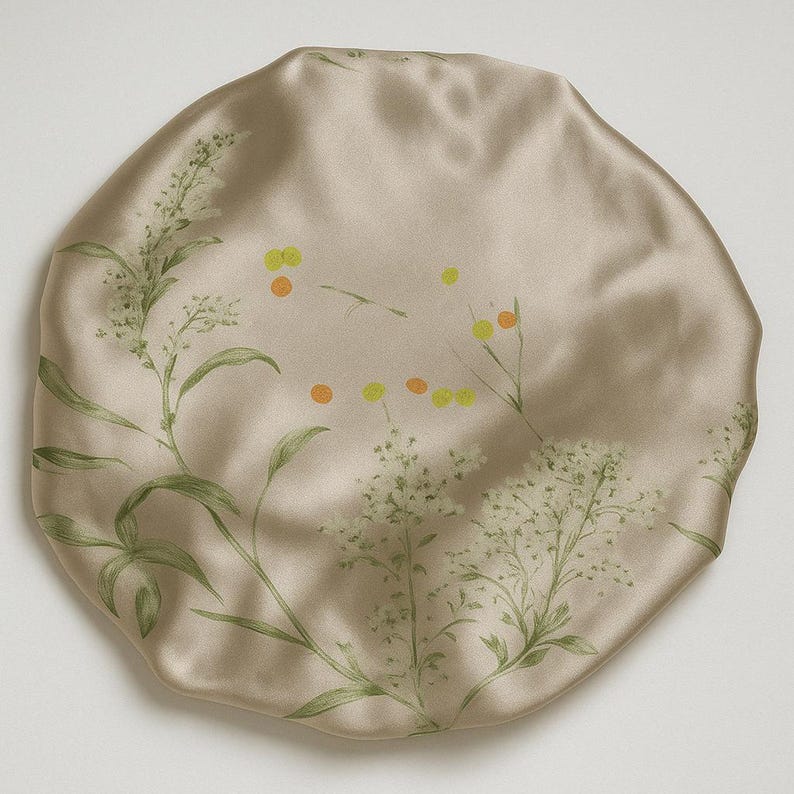 May include: A beige satin sleep cap with a floral print featuring green leaves and small yellow and orange flowers.