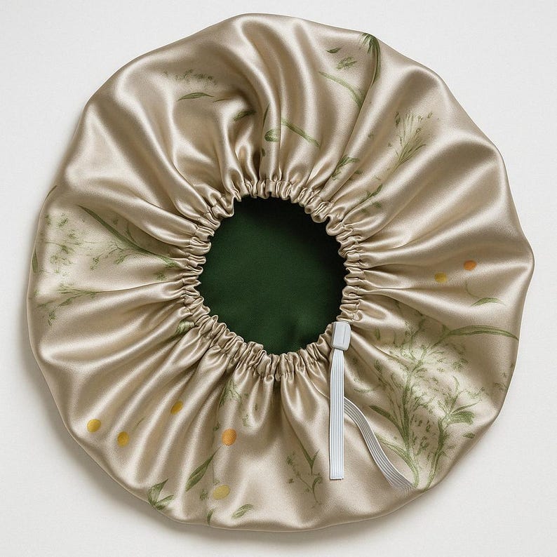 May include: A beige satin sleep cap with a floral print and a white elastic band. The cap is gathered at the top and has a green lining.