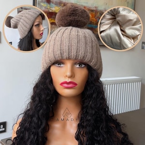 Wool Satin Lined Beanie Hat, winter hat with satin lining, curly hair protection,chemo hat,unisex winter hat, valentines gift for gf bf