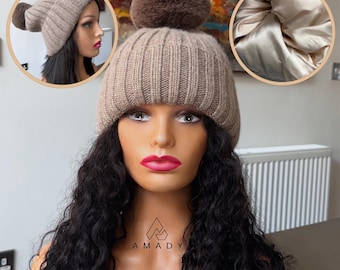 Cashmere Satin Lined Beanie Hat, winter hat with satin lining, curly hair protection,wool hat,unisex winter hat, Christmas gift for gf bf