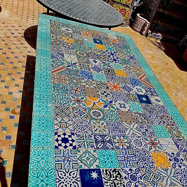 Large ceramic tiles table, Rectangular handcrafted table with tiles, Outdoor and indoor table