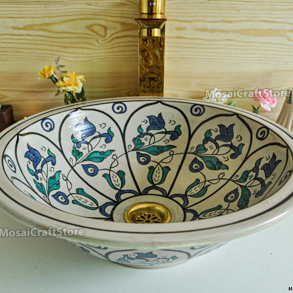 Moroccan Floral glazed Ceramic bathroom vessel sink handcrafted glazed countertop washbasin, bathroom vanities sink decor