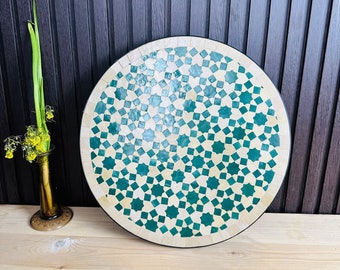 Dessus de table en mosaïque verte et beige, dessus de table rond massif, dessus de table sur mesure pour votre terrasse d'extérieur, dessus de table en zellige