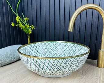 Emerald Green sink, 14k Gold Rim Washbasin handcrafted, Modern Unique Bathroom sink, Farmouse bathroom sink + Free Gift