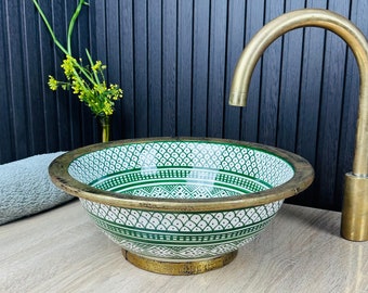 Brass Rimmed & Emerald Green basin sink, Bathroom Vessel Sink Countertop or undermounted, Custom Vanity Sink