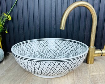 Minimalist Fish Scales Sink - Black & White Ceramic Basink - Countertop Washbasin - Mid Century Modern Sink - Handcrafted Sink + Free Gift