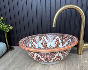 Undermounted or Countertop Red Orange bathroom vessel sink handcrafted ceramic washbasin, hand painted bathroom vanities sink decor