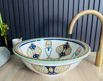 Lavabo de recipiente de baño - Fregadero de cerámica hecho a mano-Lavabo de tocador pintado a mano-Fregadero redondo Decoración de remodelación-Fregadero hecho a mano marroquí