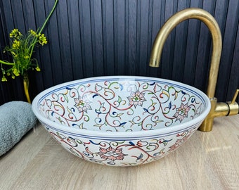 Handpainted farmhouse basin, Mid century Modern Sink Floral, Counter Vanity washbasin antique remodeling Bathroon + Free Gift