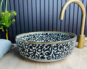 14K Gold & Black Floral Design bathroom vessel sink, Antique Farmhouse counter top basin, Custom Pattern Sink+ Free Gift