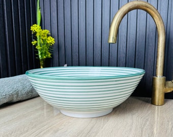 Aqua Stripes Bathroom vessel sink, Custom washbasin vessel sink Modern ceramic, Ceramic sink bathroom handpainted, Farmehouse washbasin