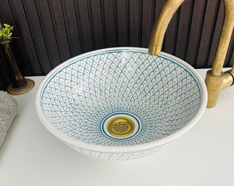 Fregadero de cerámica Bleu-Lavabo en forma de escala de ballena-fregadero de recipiente marroquí-fregadero de cerámica hecho a mano