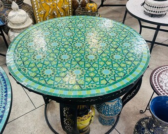 CUSTOMIZABLE Mixed Green Large Dining Mosaic Table - Solide Handcrafted Table Outdoor & Indoor - Moroccan Zellige Table - Luxury Tiles Table