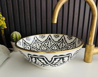 14k Gold Rimmed Washbasin handcrafted - Black Modern Unique Bathroom sink - Farmouse bathroom sink + Free Gift