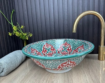 Undemounted ot Counter top Floral Bathroom vessel sink, Vanity Mid century Washbasin sink, Handcrafted basin sink