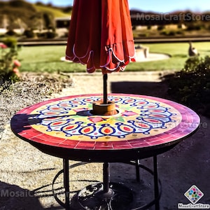 Custom Mosaic Table, Geometric mosaic tiles pattern top with hole for umbrella, Custom your outdoor dining table or indoor table image 1