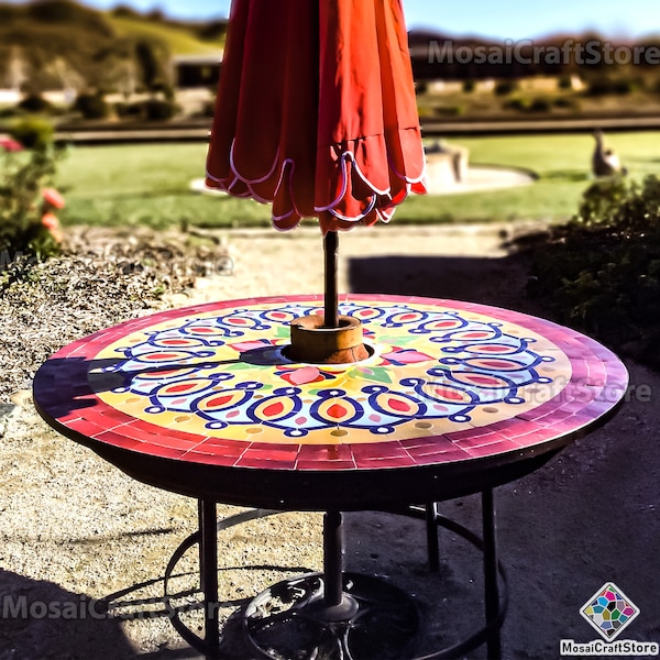 Custom Mosaic Table, Geometric mosaic tiles pattern top with hole for umbrella,  Custom your outdoor dining table or indoor table