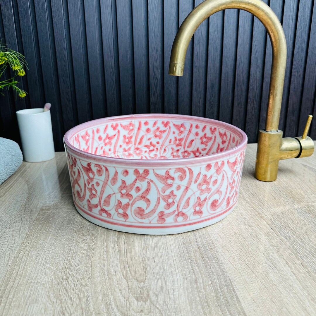 Pink Floral Bathroom Washbasin Sink, Mid Century Washbasin Handmade