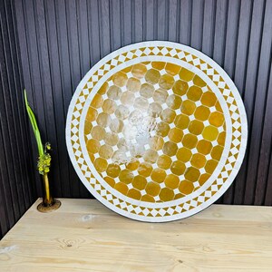 Gemischte Gelb und Moutard-Mosaik-Tischplatte, runde Solide-Tischplatte, Benutzerdefinierte Ihre Terrasse Fourniture-Tischplatte, Zellige-Tischplatte Bild 1
