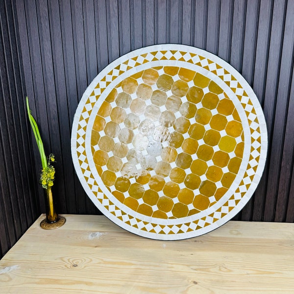 Fourniture, plateau de table en mosaïque jaune et moutarde, plateau rond massif, plateau de table sur mesure pour votre terrasse d'extérieur, plateau en zellige