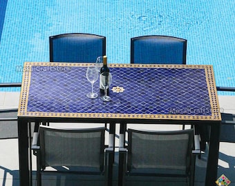 Large mosaic table, Blue rectangular handcrafted table, Outdoor and indoor table