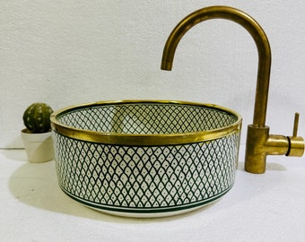 Brushed Solid Brass Rimed sink Handcrafted - Mid Century Modern Fish scale Design Sink - Farmhouse Sink + FREE Gift