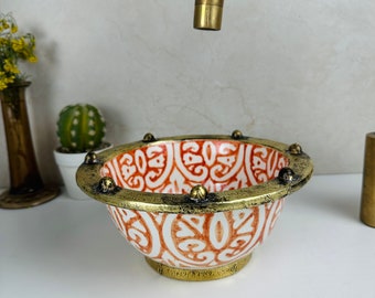 Mixed Ceramic & Brass Brushed Solid Rimed Basin sink Handcrafted, Countertop Or Undermounted Design Sink, Farmhouse  + FREE Gift