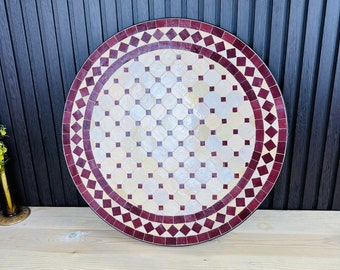 Dessus de table en mosaïque rouge bordeaux et beige, dessus de table rond massif, dessus de table sur mesure pour votre terrasse d'extérieur, dessus de table en zellige