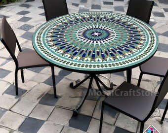 Personalized Mosaic Table - Large Round Tabletop with Iron Legs - Ideal for Indoor/Outdoor Dining Spaces