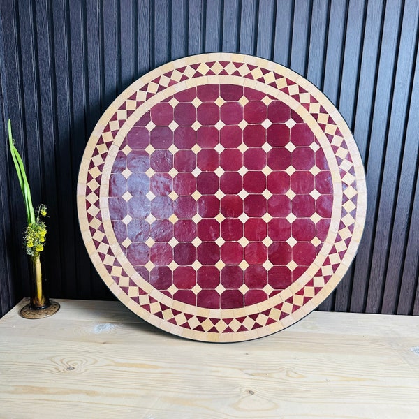 Table top Burgundy red and beige Mosaic Tiles, Solide round table top, Custom your outdoor Patio Fourniture table top, Zellige table top