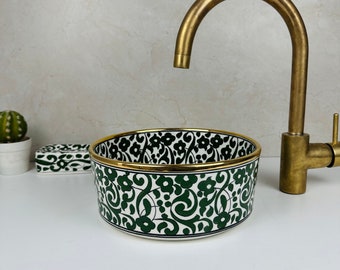 Ceramic sink for bathroom with 14 Karat gold rim, Green Flower moroccan handmade vessel, Countertop Vanity basin sink